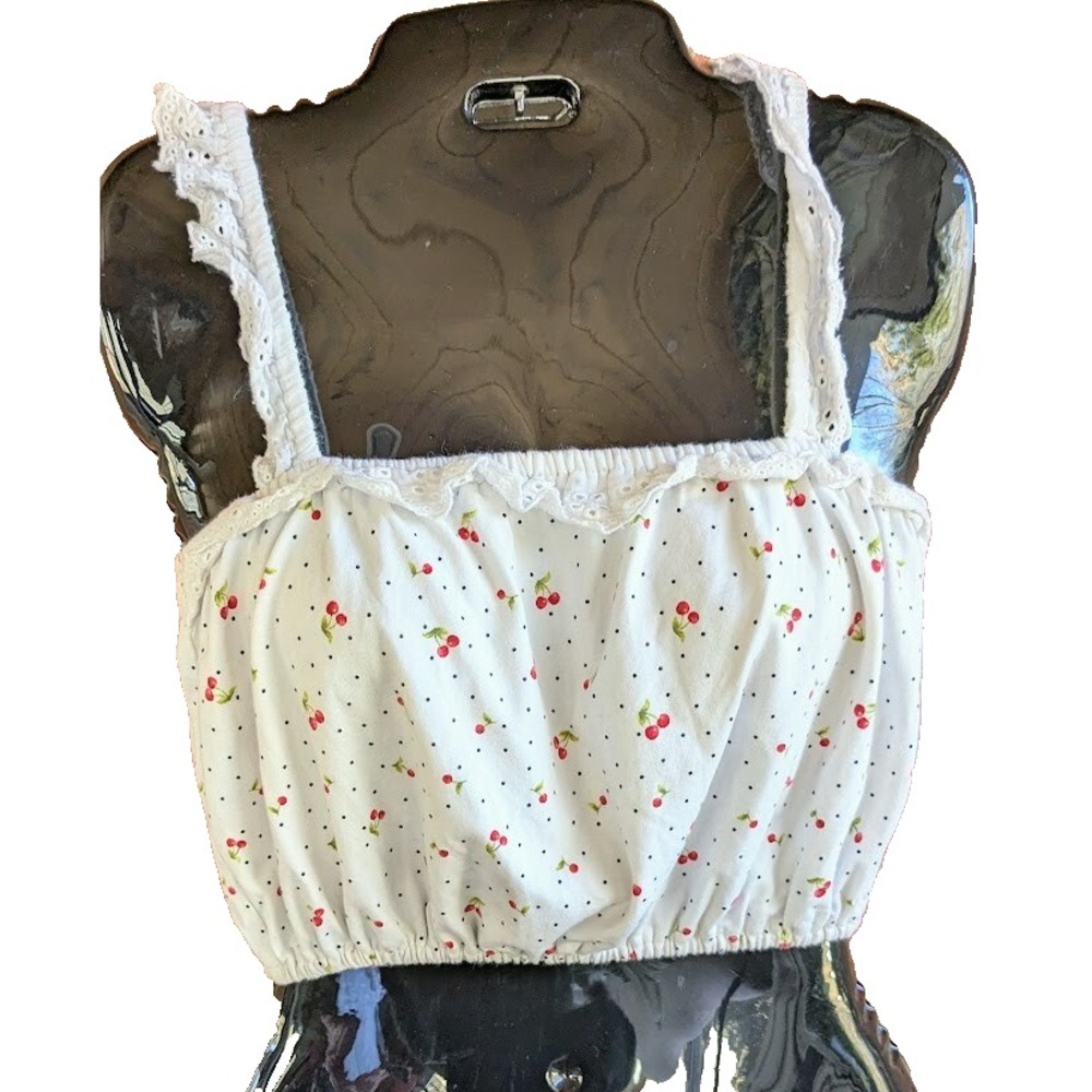 Forever 21 Womens Crop Top S Adorable Cherry Print Eyelet Lace Coquette Festival